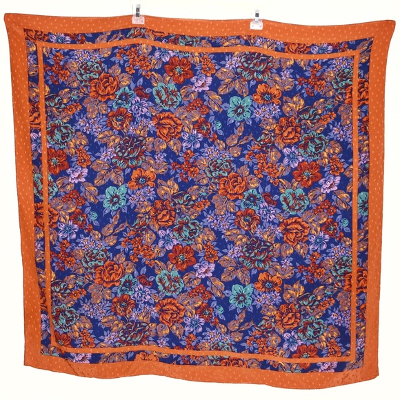 Vintage Accessories - Vintage Floral Print Swiss Dot Silk Scarf